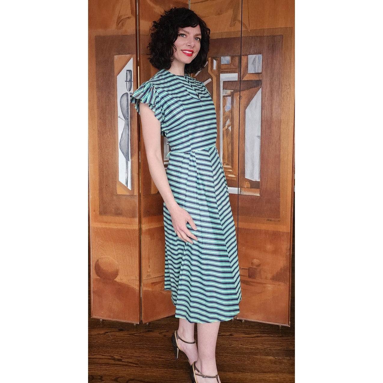 Vintage 50s Striped Fit and Flare Midi Day Dress Green Black Short Sleeves