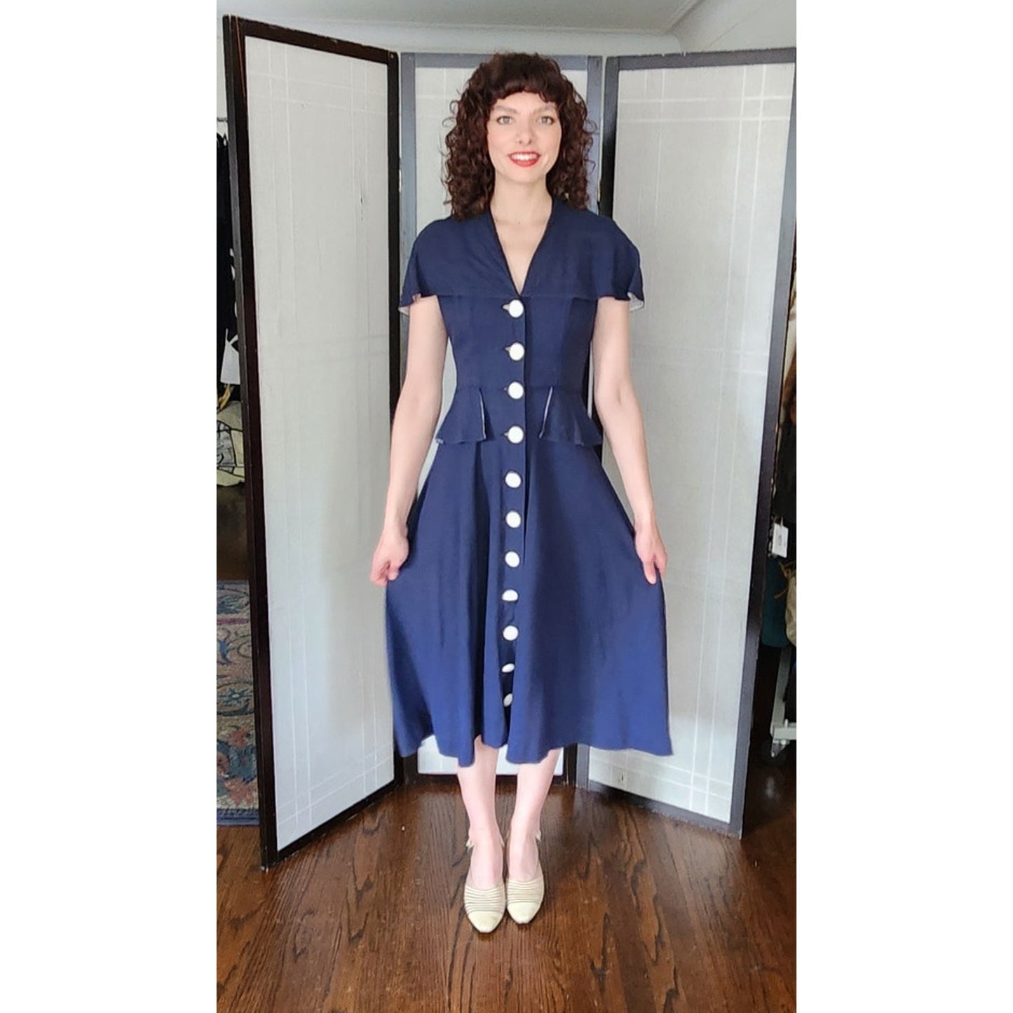 Vintage 40s Navy Blue Summer Dress White Buttons Shawl Collar