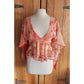 Vintage 70s Wrap Style Blouse Butterfly Sleeves Red Peach Floral Print