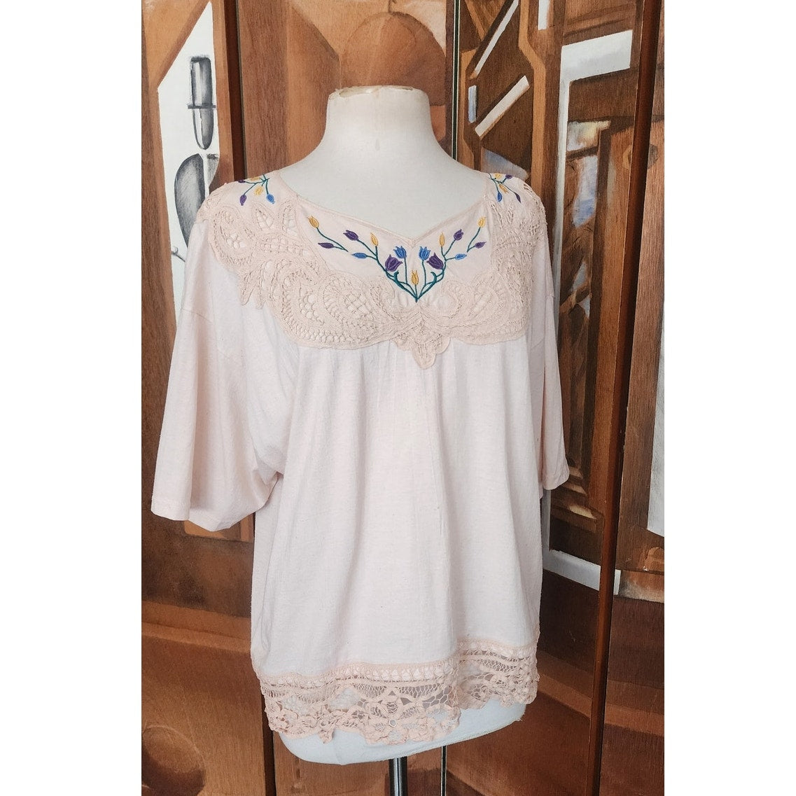 Vintage 70s Peasant Blouse Embroidered Cream Cotton Lace Short Sleeves