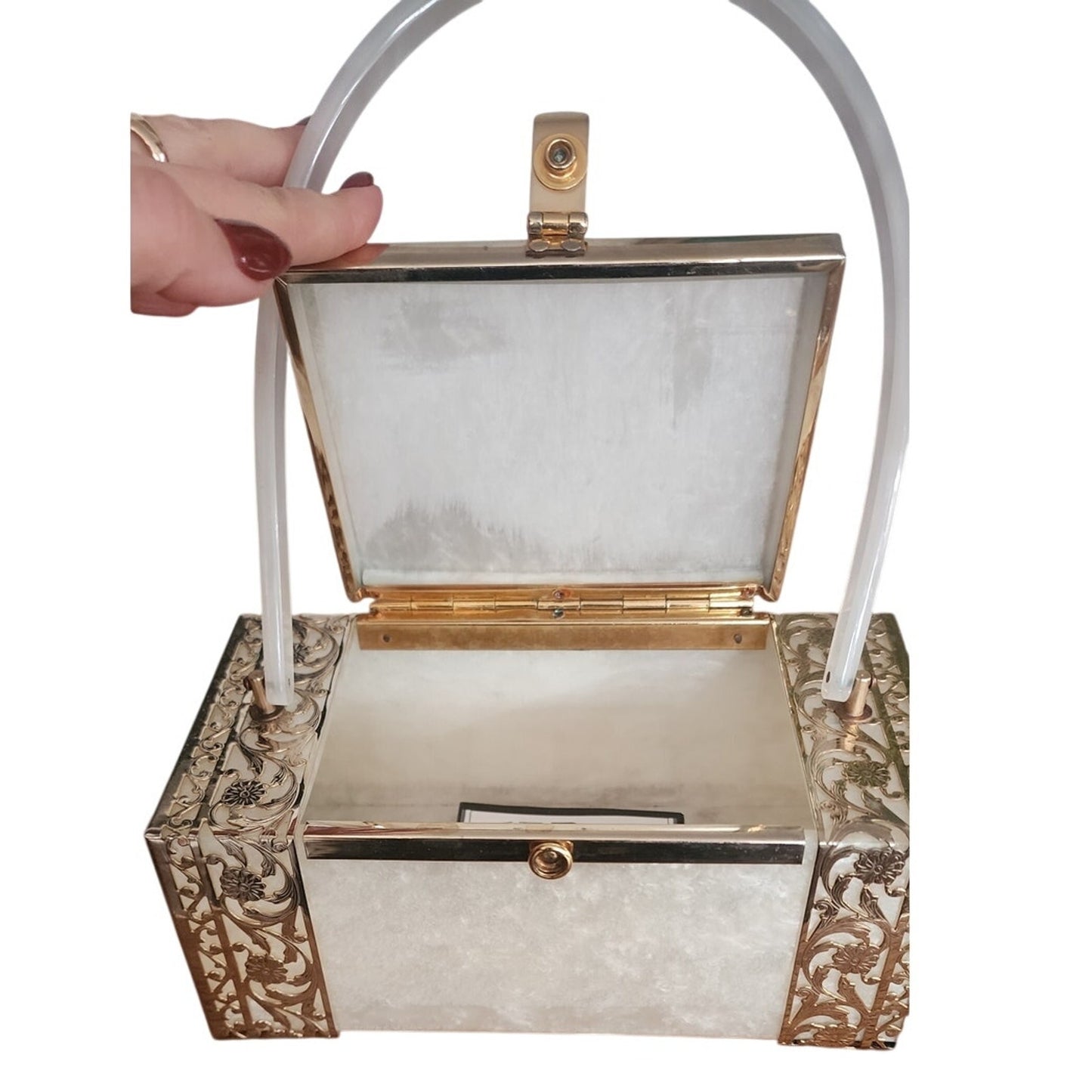Vintage 50s TYROLEAN NY Lucite Box Bag Pearl White Silver Filigree Art Deco