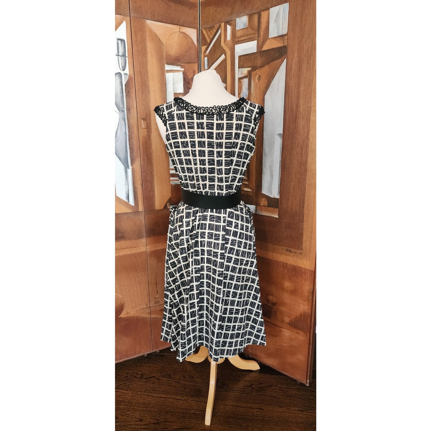 Vintage 50s Cotton Print Dress Black White Check Belted / M to L