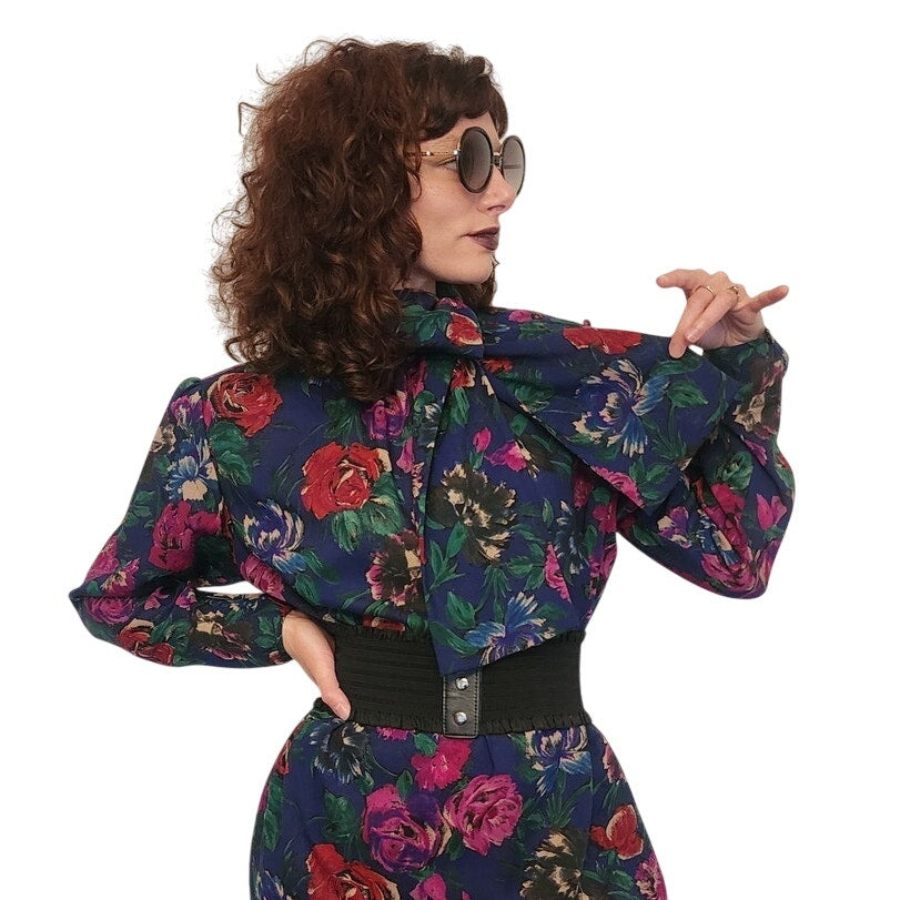 Vintage 1980s UNGARO Sac Dress Dark Floral Print Wool w/Sash Necktie / M