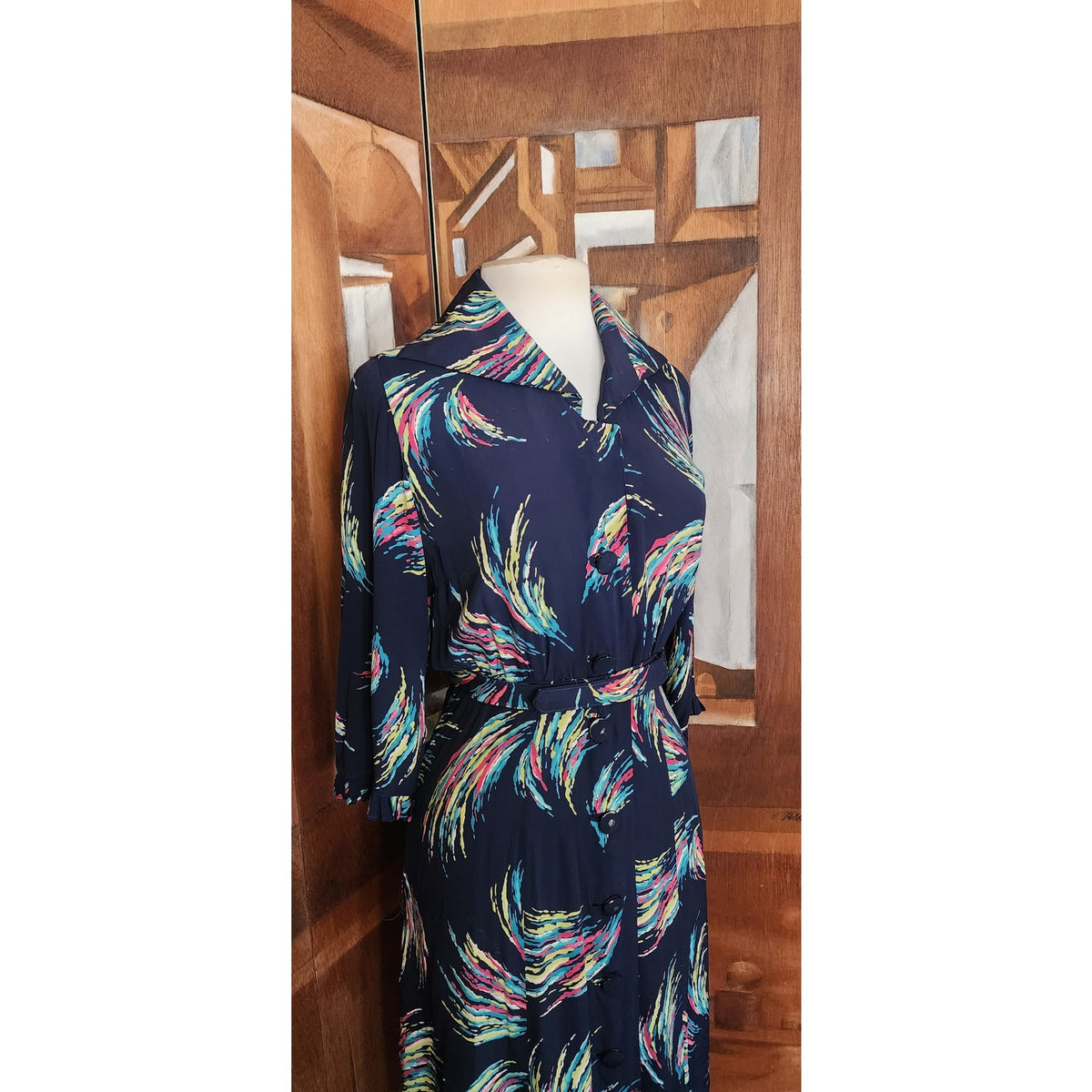 Vintage 1940s Dress Blue Rayon Novelty Print Midi Button Down Belted Shirtdress