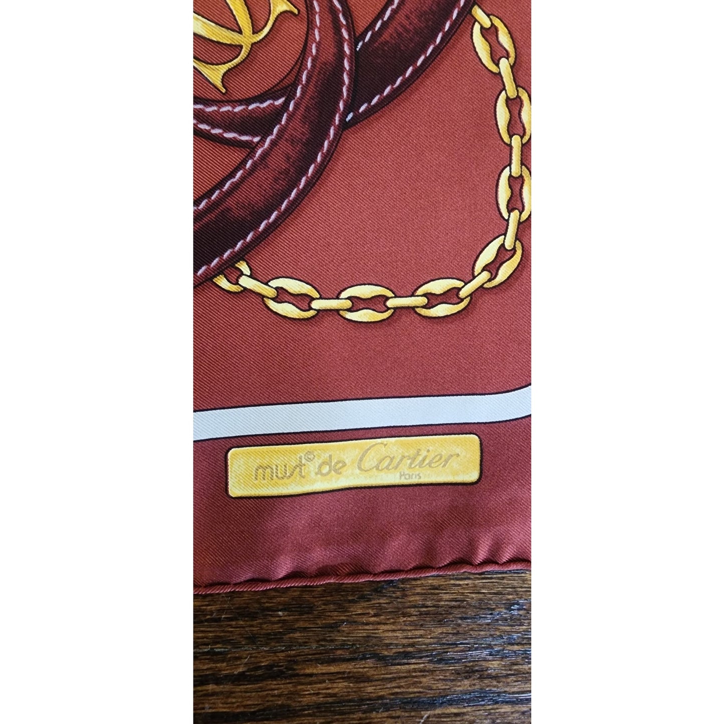 Vintage CARTIER Silk Scarf Brown & Gold Print Square