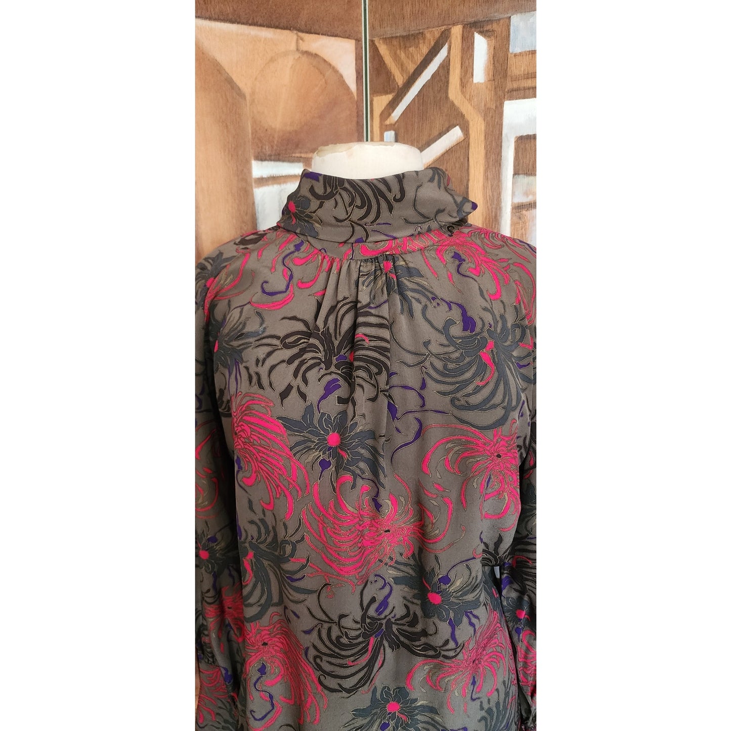 Vintage 80s CHLOE LAGERFELD Blouse Dark Floral Silk Blouse High Neck Long Sleeve