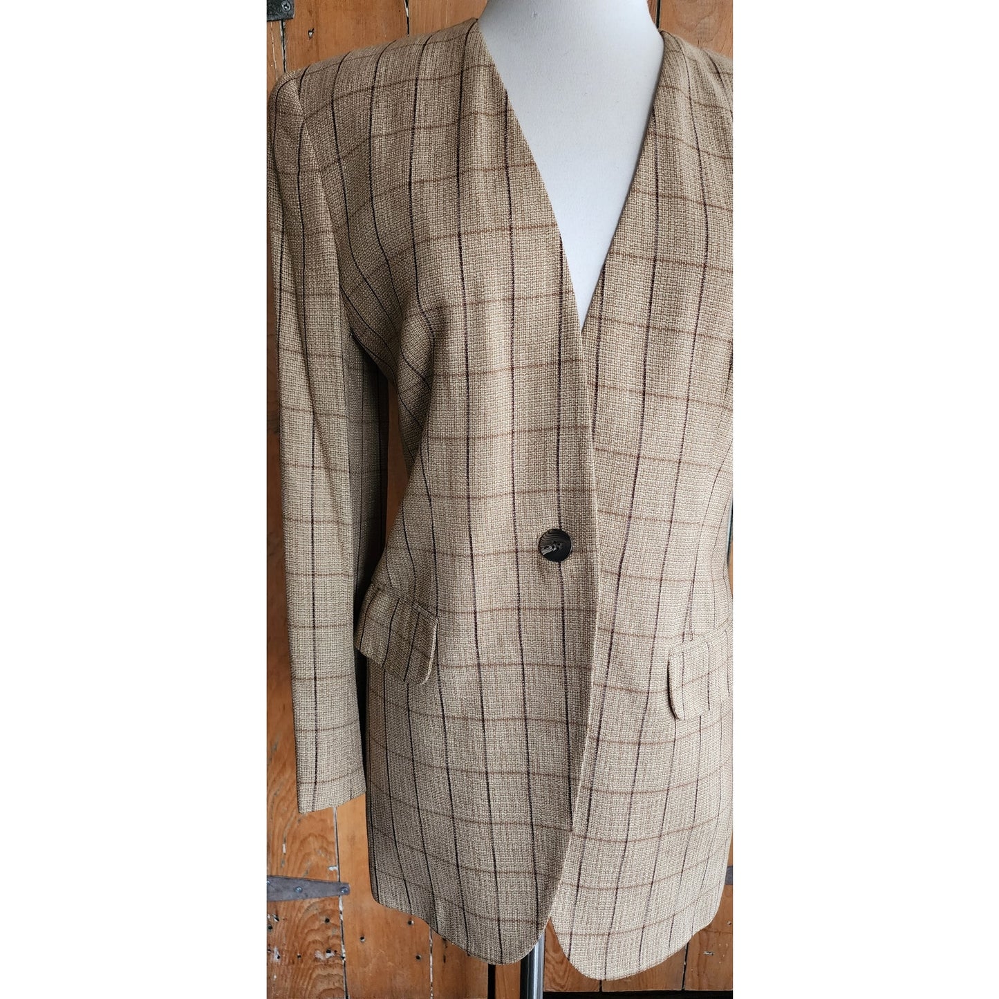 Vintage 80s Blazer Beige Windowpane Plaid Rena Rowan