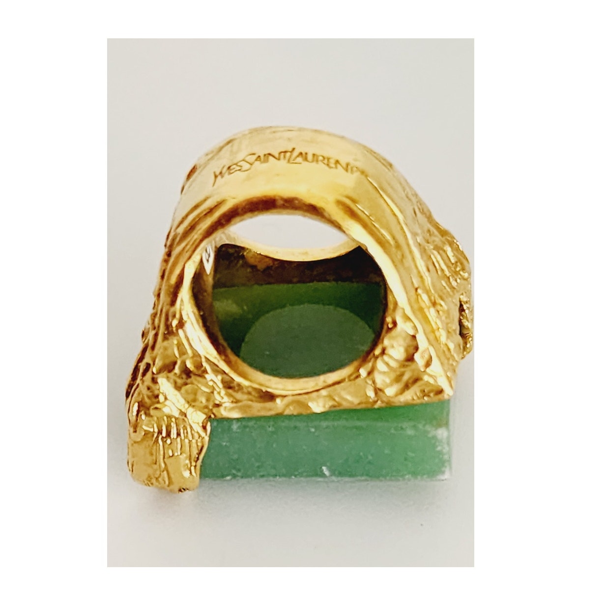 Vintage Yves Saint Laurent Arty Ring Green Aventurine Stone Chunky Gold Base