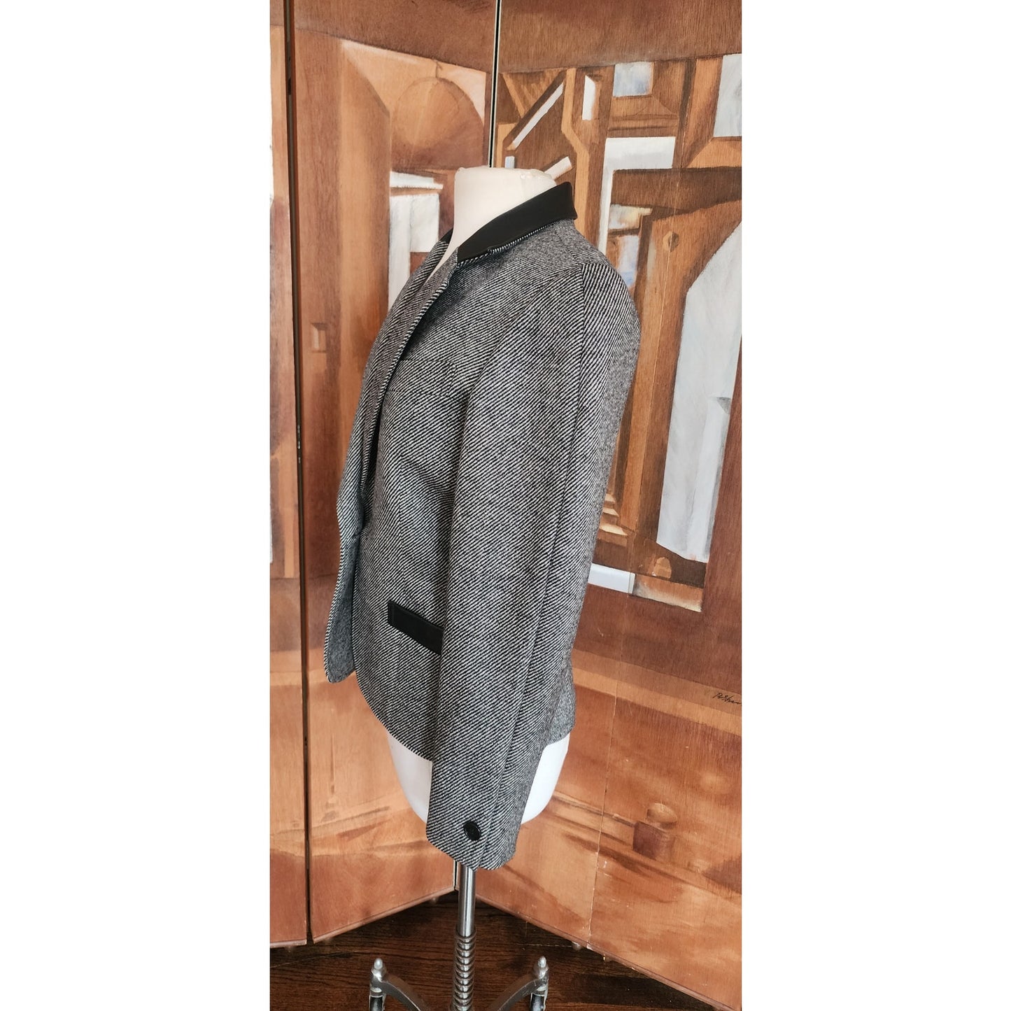 Vintage 80s GUY LAROCHE Gray Tweed Blazer Black Leather Collar / M