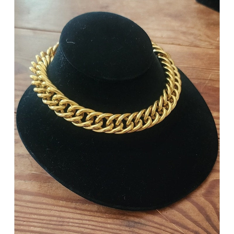 Vintage 80s Anne Klein Chunky Cuban Chain Link Choker Necklace Gold Tone