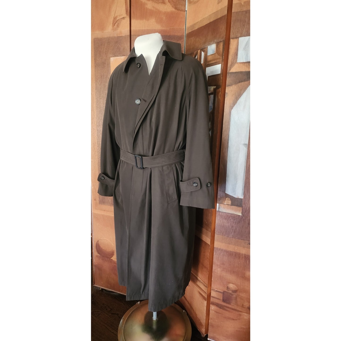 Vintage 1990s Ralph Lauren Mens Coat Brown Olive Green Trench Raincoat Large 40R