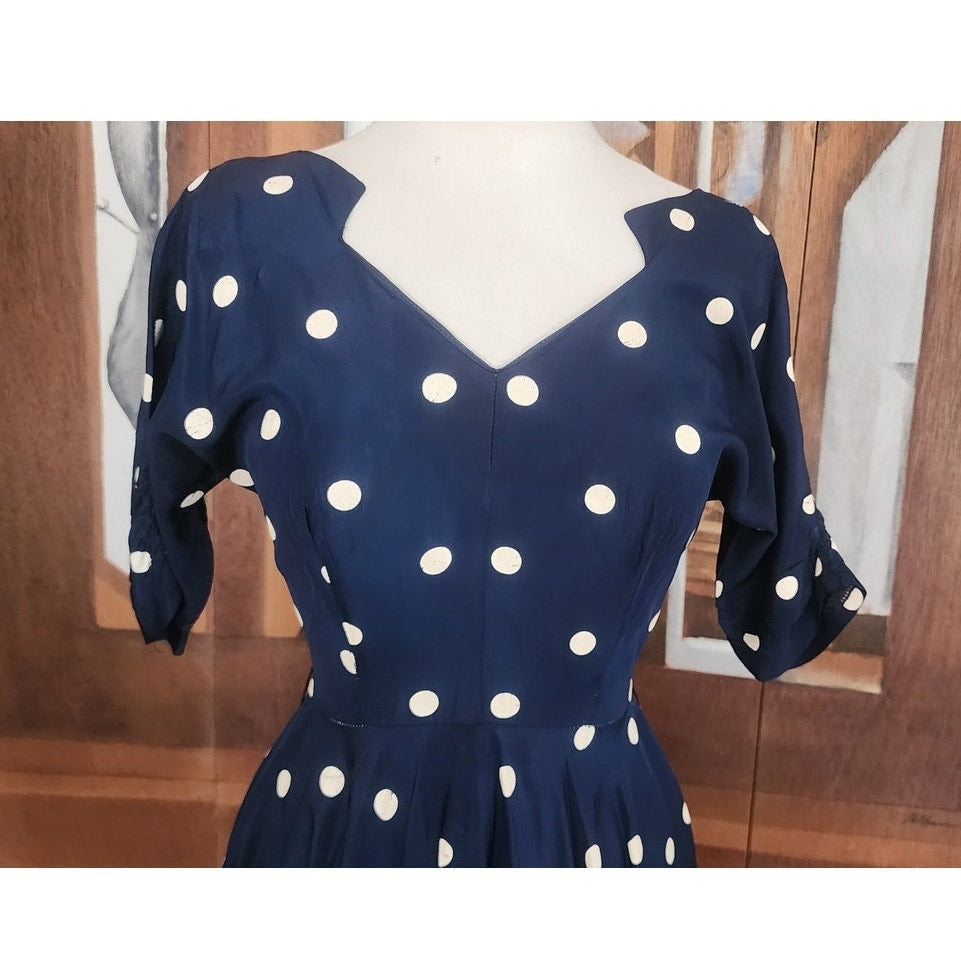 Vintage 1950s Lilli Diamond Dress Blue  White Polka Dot Print Midi / S