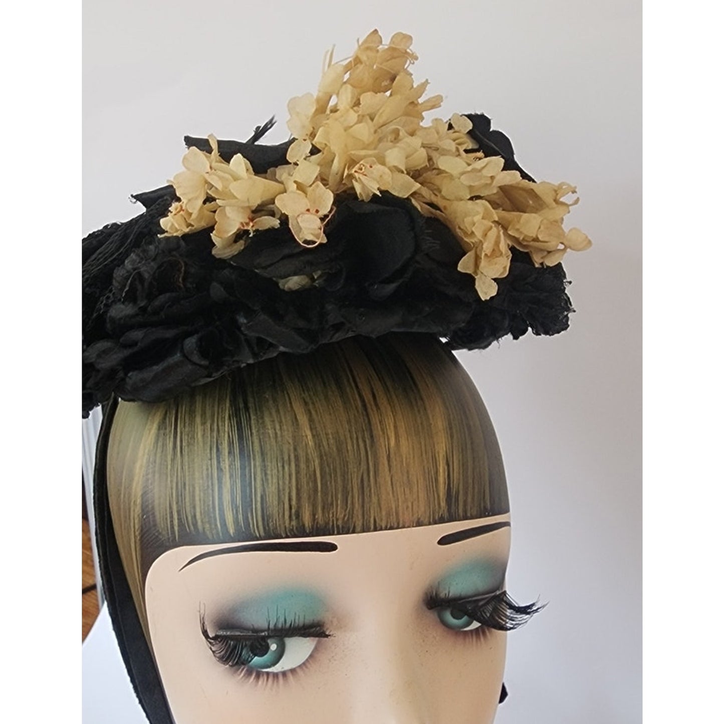Antique Victorian Hat Black Satin w/Cream Silk Flowers 1800s 19th Century