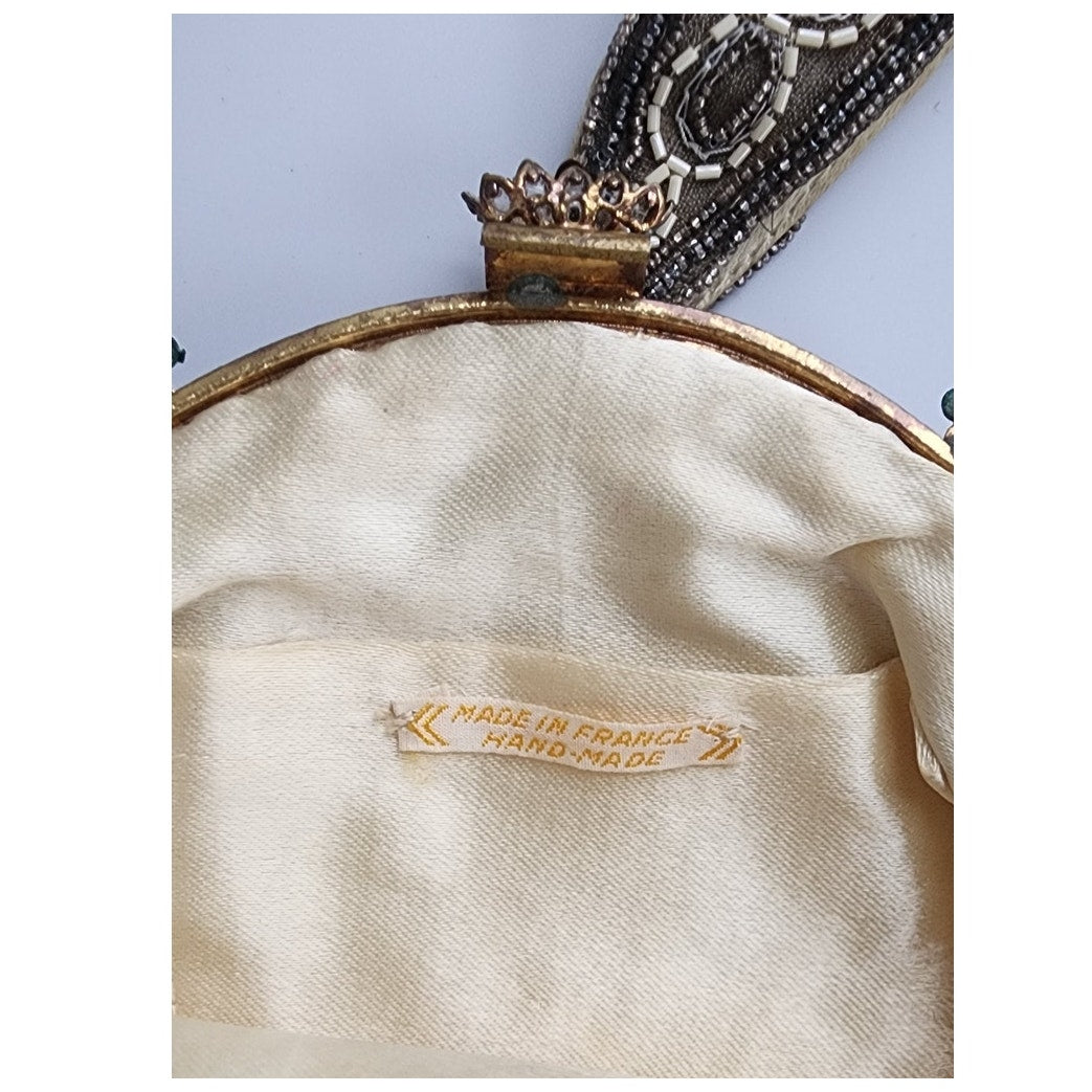Antique 20s French Beaded Bag Round Art Nouveau Embroidered Purse