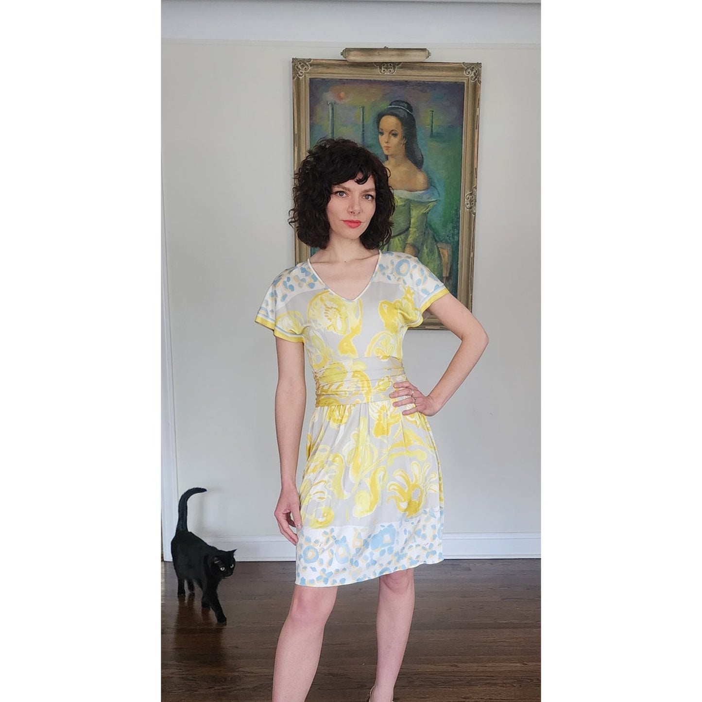 Vintage Y2K Emilio Pucci  Dress Short Sleeved Silkprint  Yellow Gray NWT