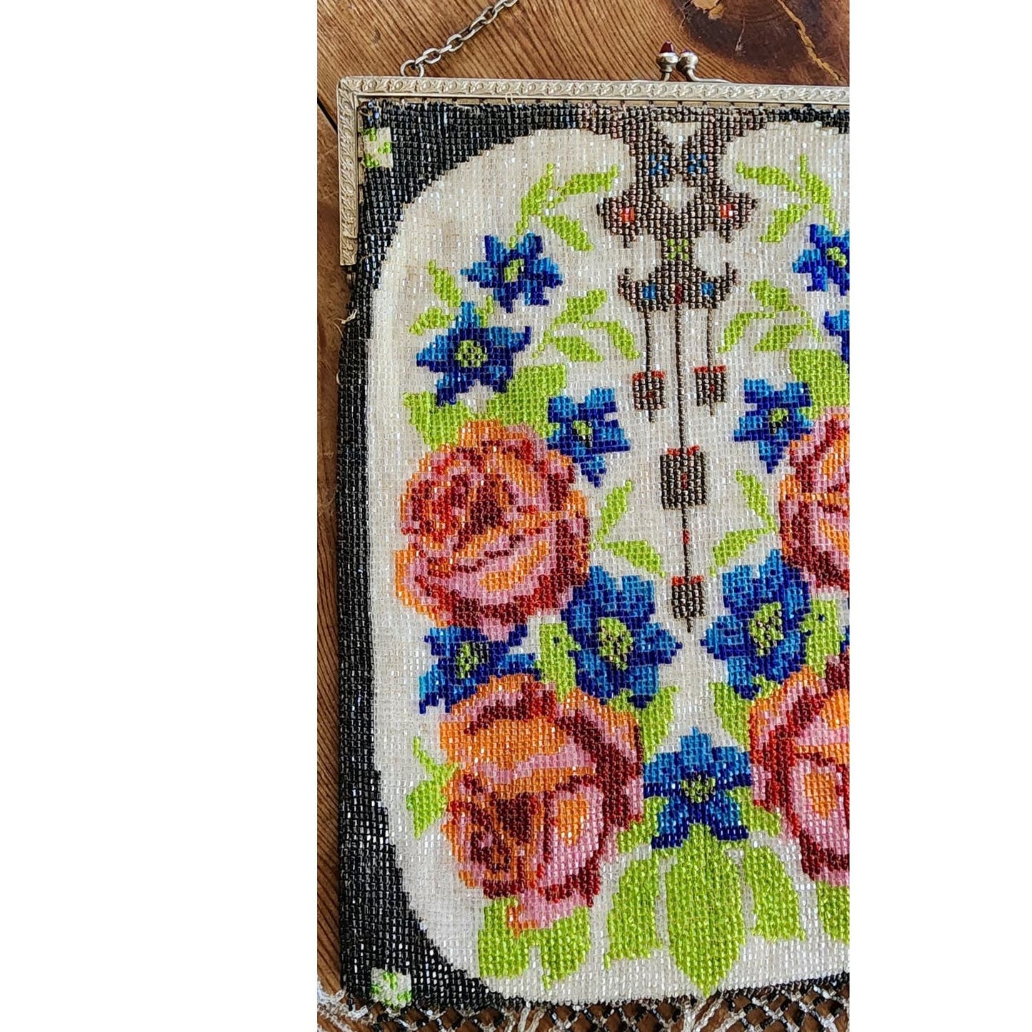 Antique Glass Bead Bag Edwardian Purse Floral Rose Pattern