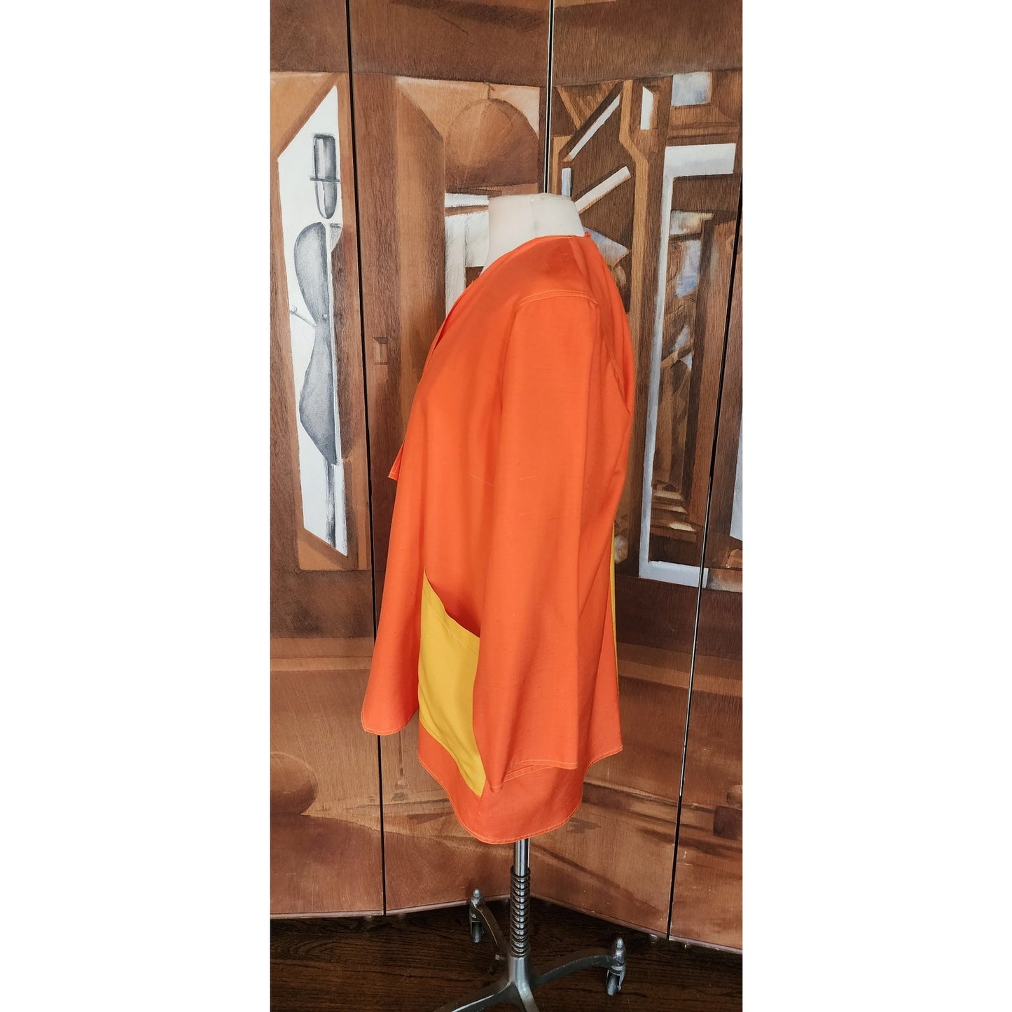 VTG 90s Duster Jacket Silk Yellow Orange Colorblock Blazer Victoria March Chicago