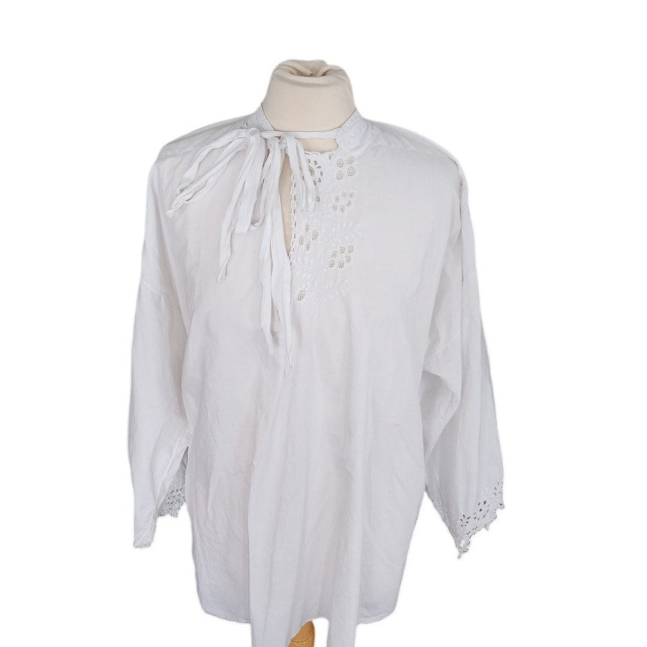 Antique Poet's Blouse / White Cotton Tunic Shirt w/ Embroidered Crochet Lace Sash Tie Neck