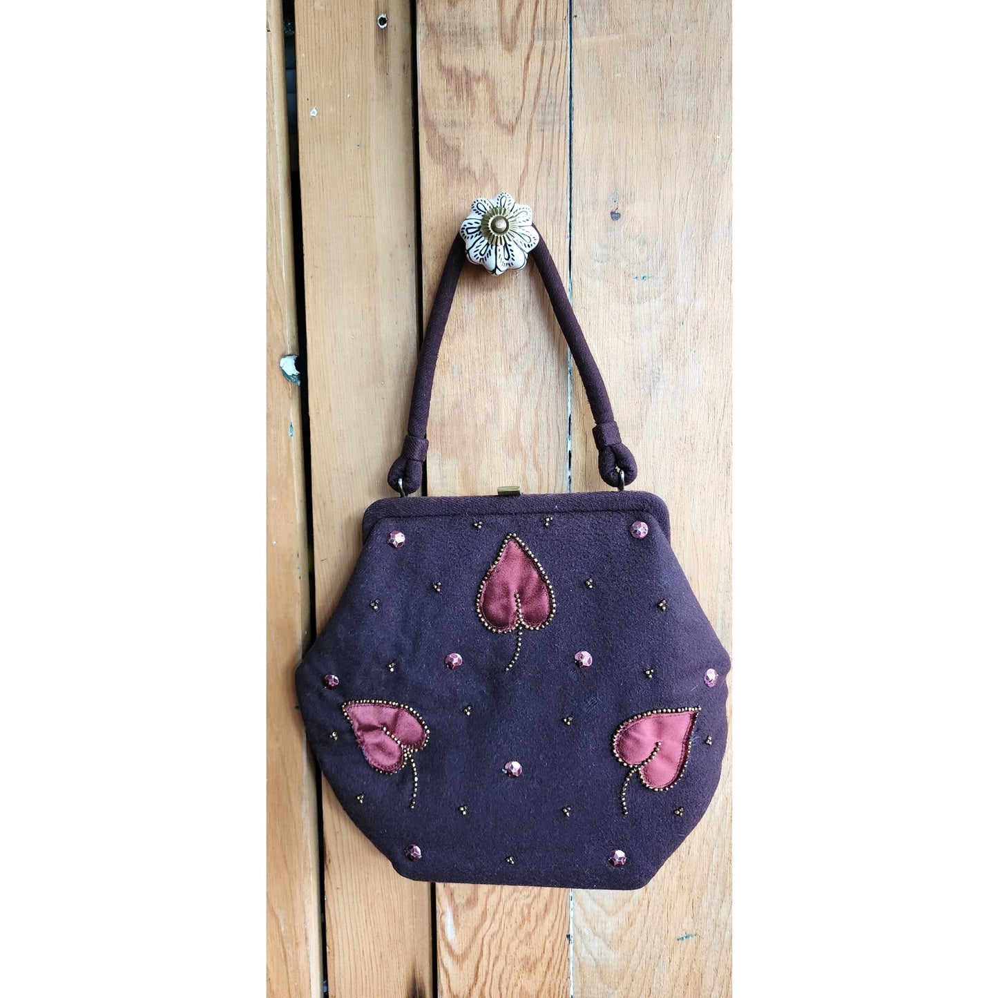 Vintage 40s Brown Bag Embroidered Copper Red Leaves Soure'