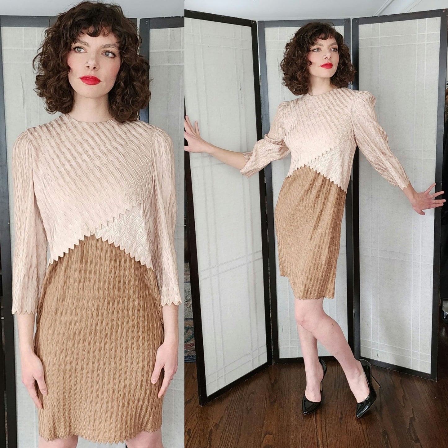 Vintage 80s Beige Brown Dress in Textured Dress Zig Zags Richeline / S