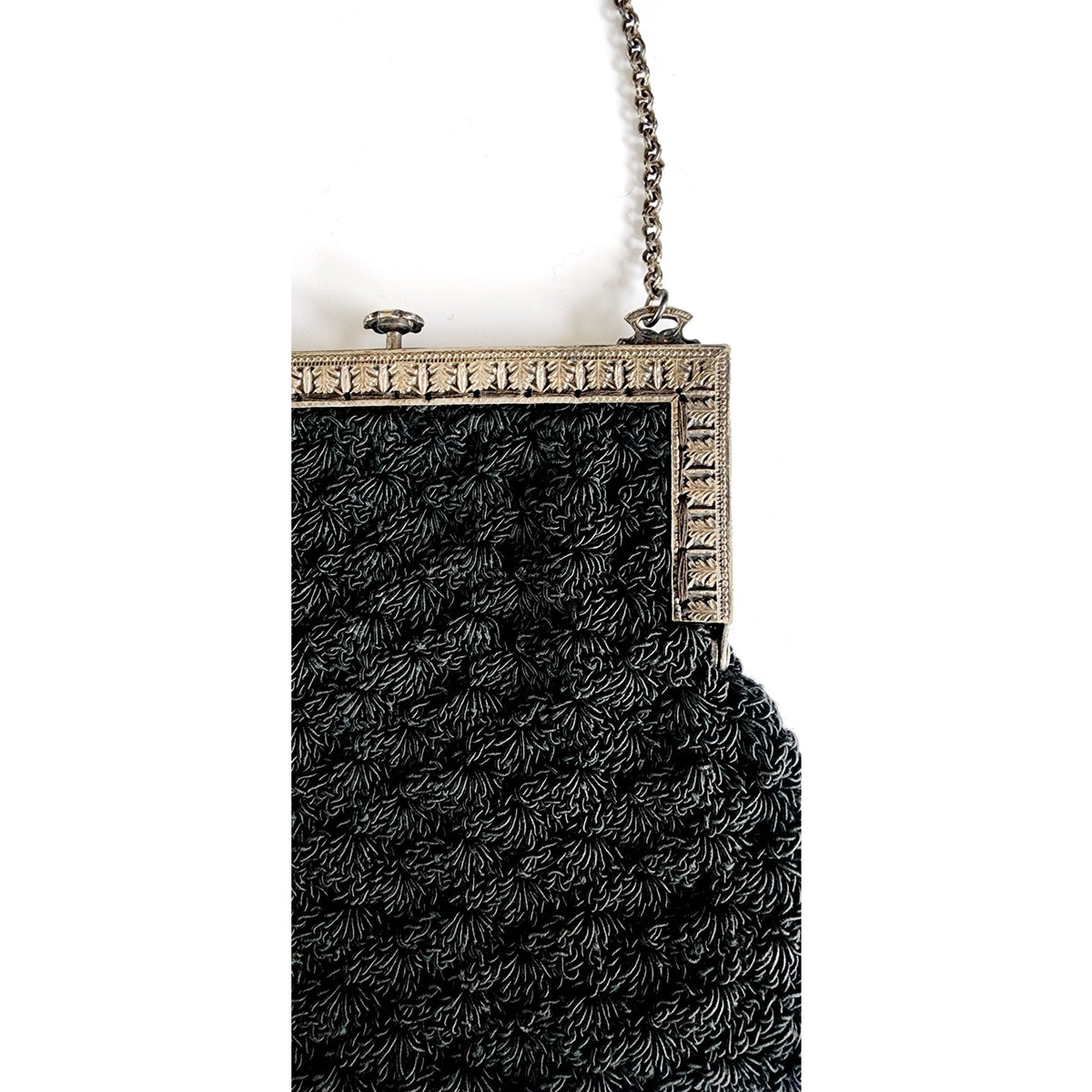 Antique Evening Bag Edwardian Purse Black Crochet Silver Etched Frame 1900s