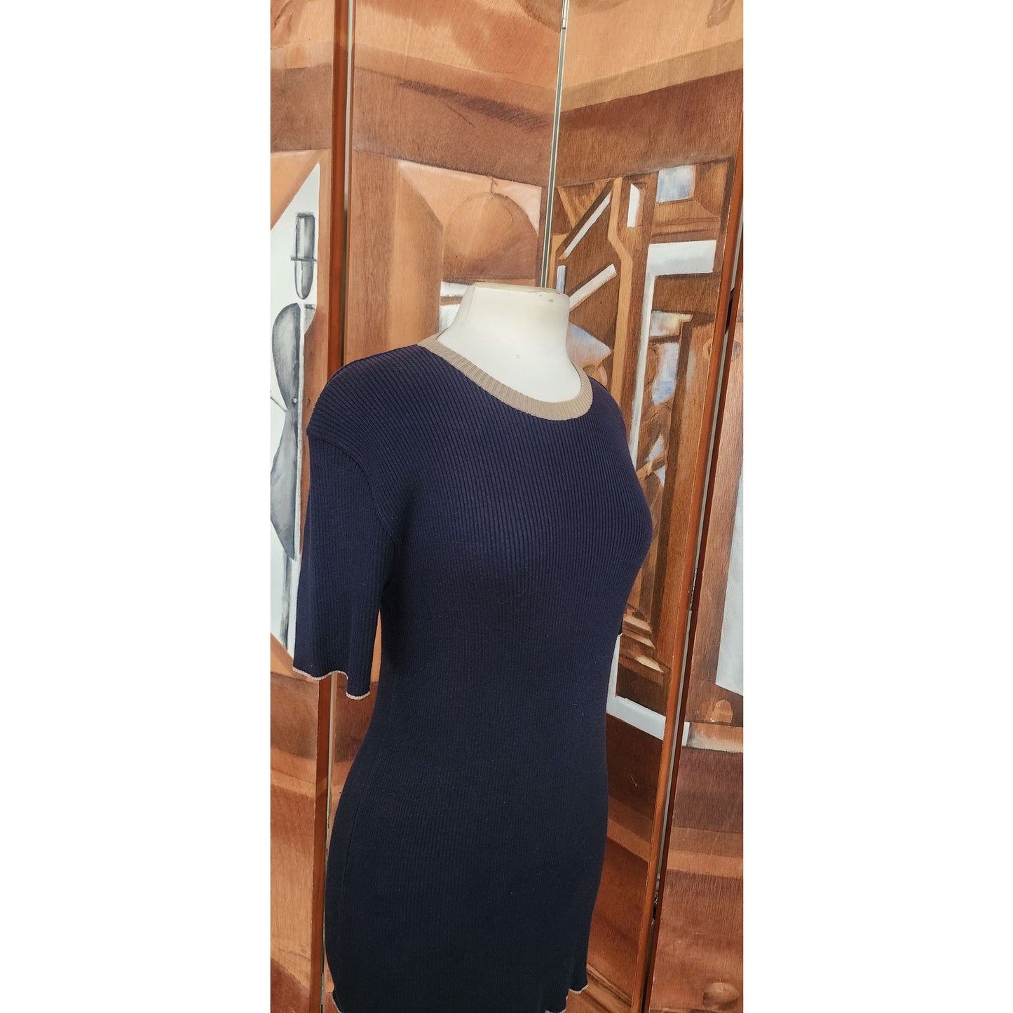 Vintage 90s D&G Dolce & Gabbana Ribbed Knit Mini Dress Blue Beige Trim