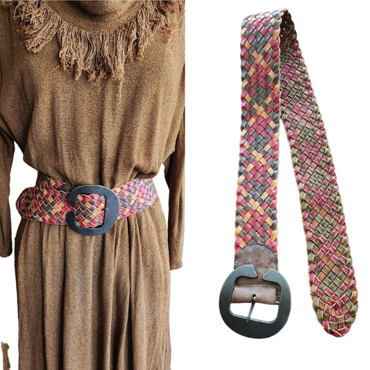 Vintage 90s Linea Pelle Belt Woven Leather Multicolored