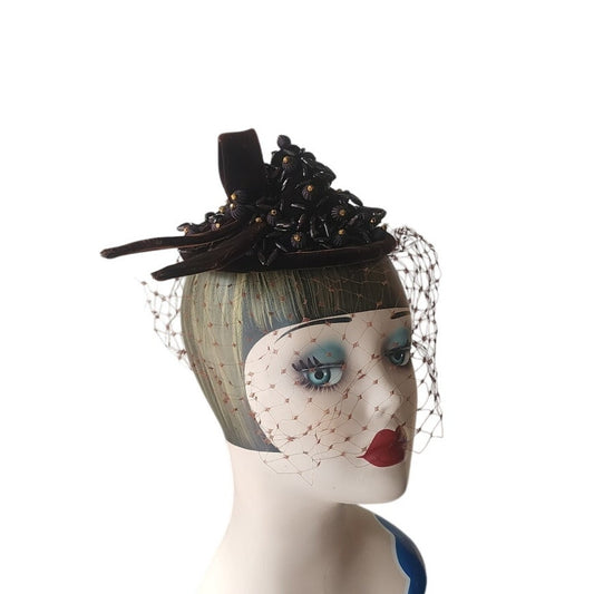 Vintage 1950s Hat Chanda Brown Beaded Velvet Asymmetrical Fascinator Bonwit Teller