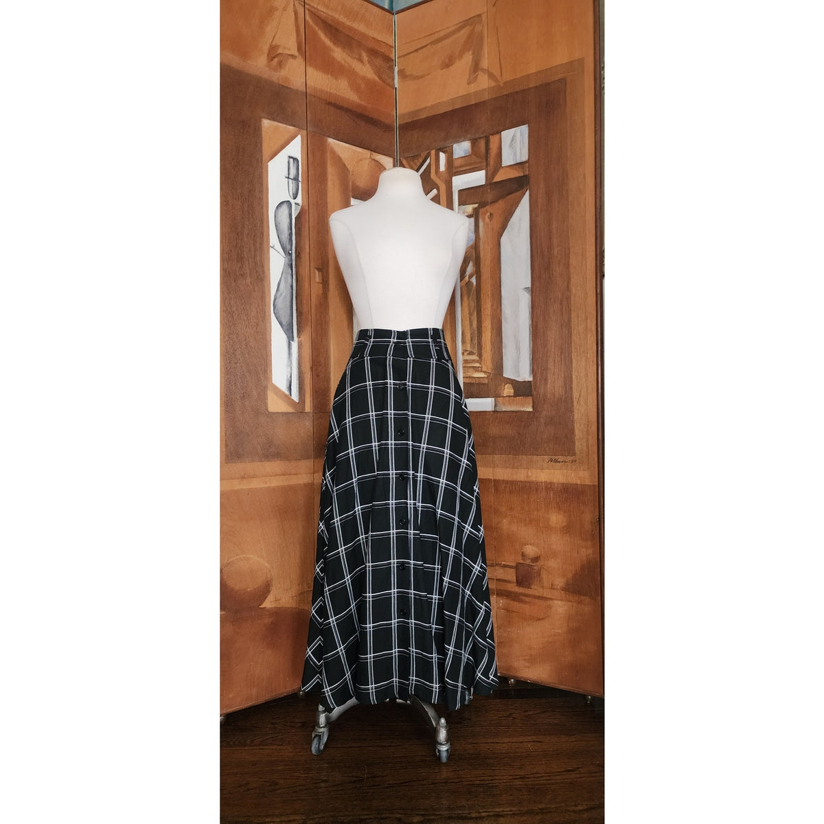 Vintage 1990s Anne Klein II Long Skirt Black Linen White Plaid Button Down / M