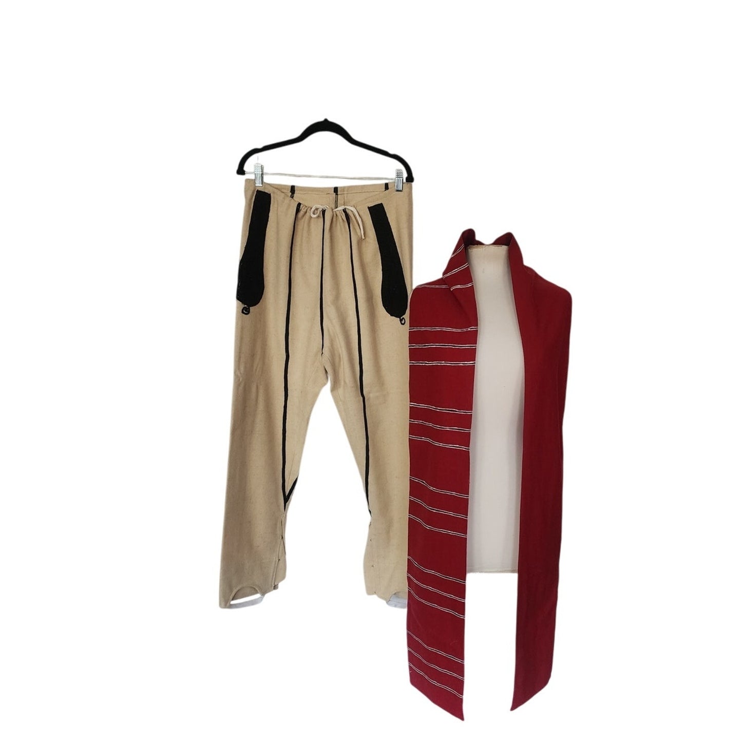 Antique Bulgarian Folk Costume Ethnic Mens Pants Embroidered Cream Wool + Red Scarf