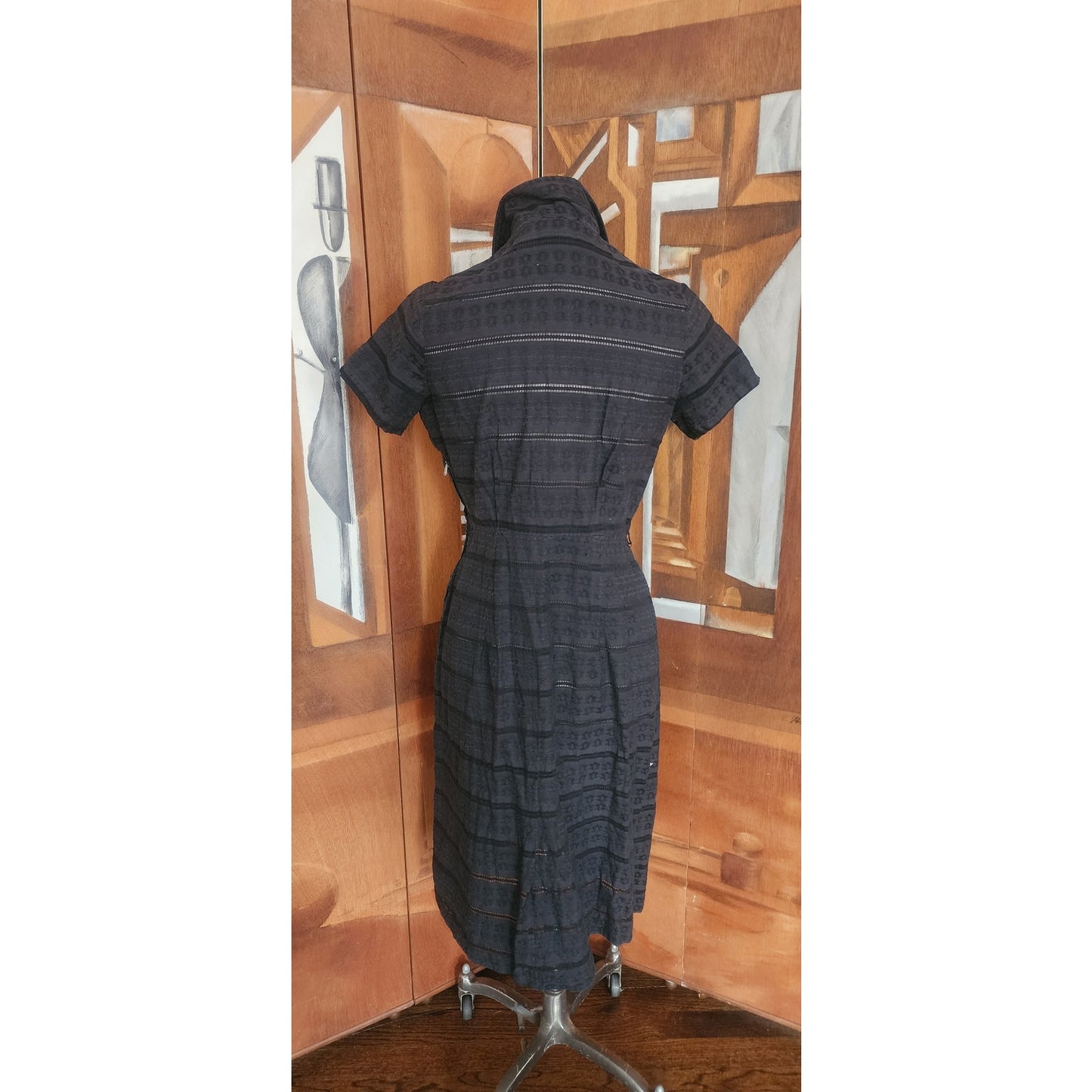 Vintage 50s Black Shirtwaist Day Dress Short Sleeve Textured Stripe Kay Whitney