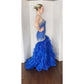 Morilee Strapless Blue Evening Dress Mermaid Ruffled Skirt Beaded Torso