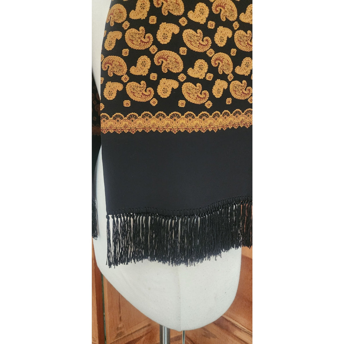 Vintage 1990s DKNY Scarf Black Gold Paisley Print Silk Oblong Fringe Donna Karan