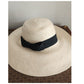 Vintage 90s Linda Campisano Cream Straw Hat Black Sash Tie