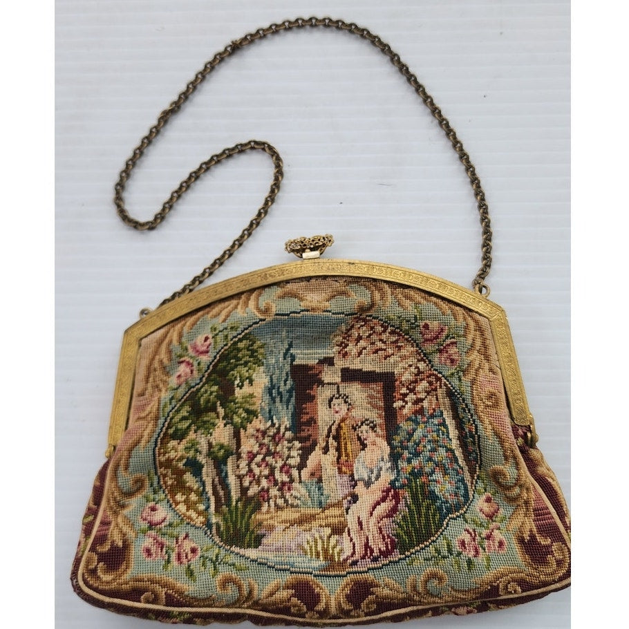 Antique French Handbag Tapestry Weave w/Enameled Frame Pastoral Rococo