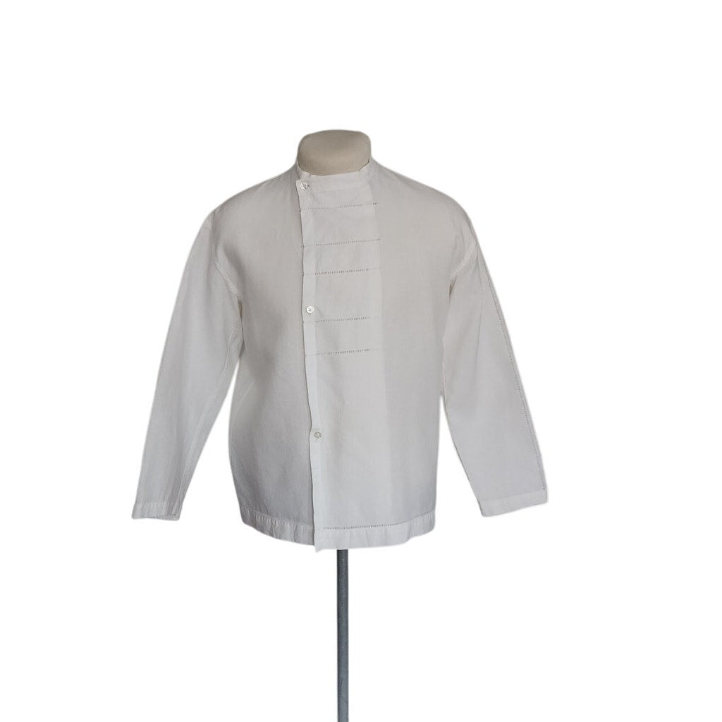 Vintage Issey Miyake Mens Shirt White Linen Button Down Asymmetrical Closure Mandarin Collar