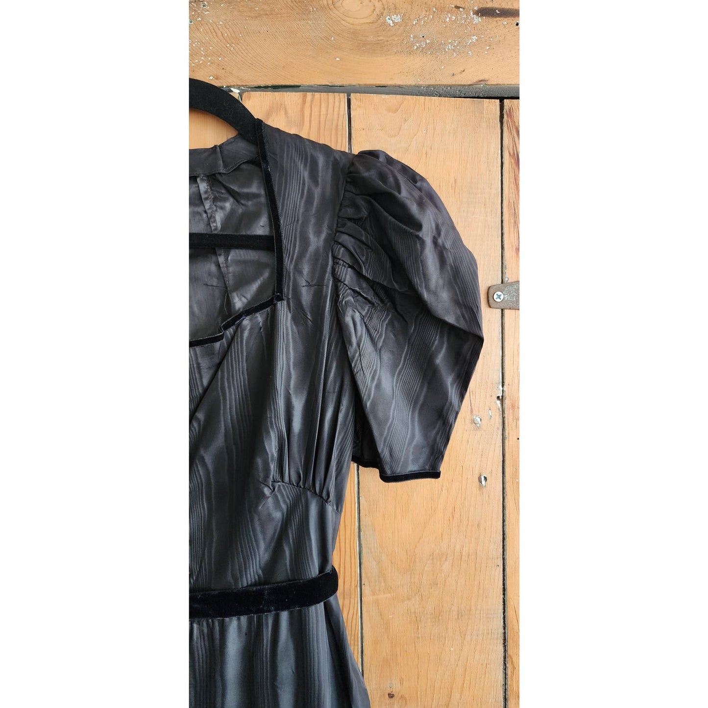 Vintage 30s Black Evening Dress Waterfall Taffeta Short Puffed Sleeves