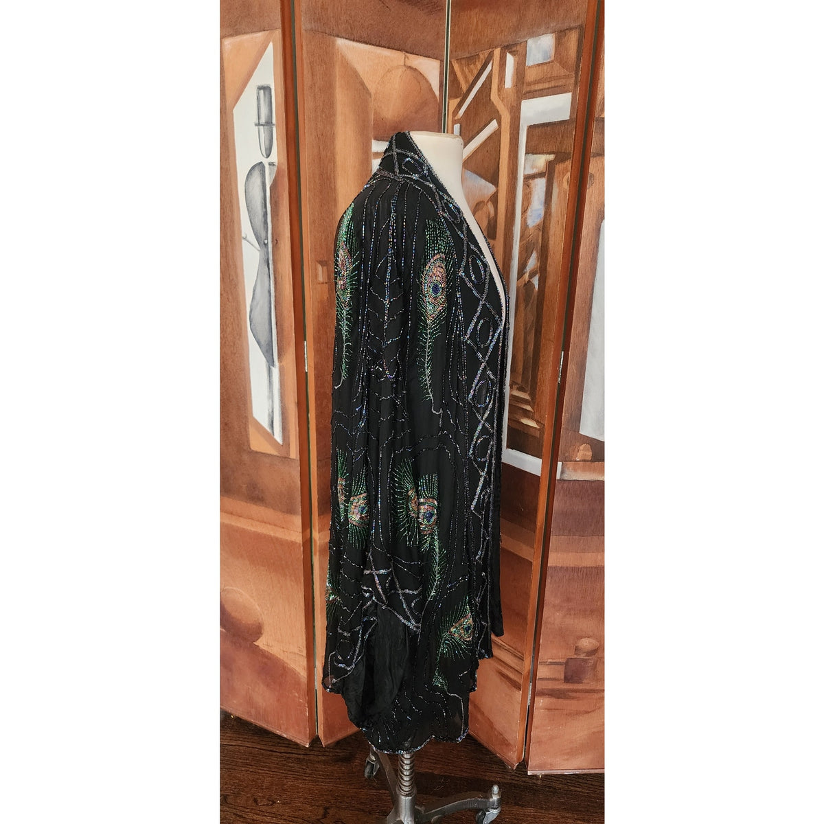 Vintage 1990s Evening Kimono Jacket Shimmering Peacock Feathers Beaded Black Duster Boho Chic Art Nouveau Deco