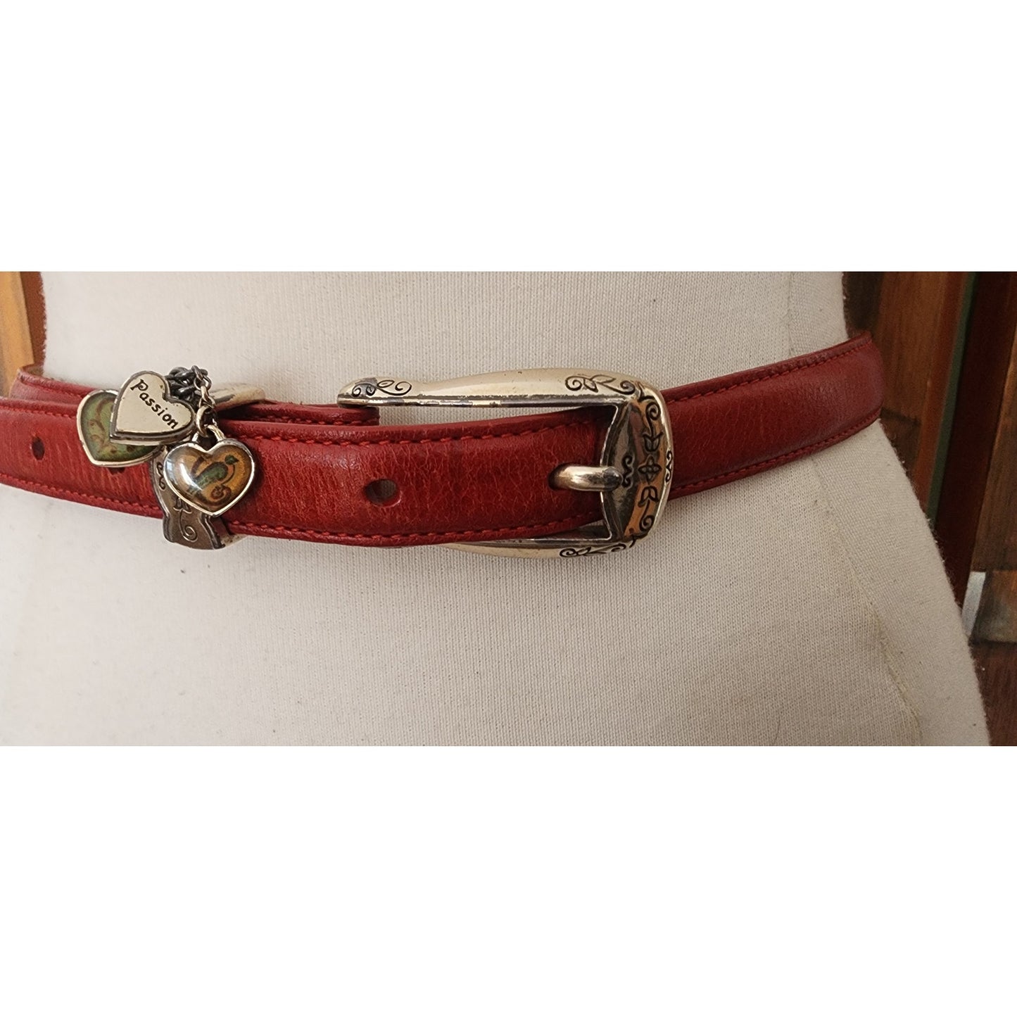 Vintage 1990s Brighton Belt Red Leather Silver Heart Charms Love Gratitude Passion
