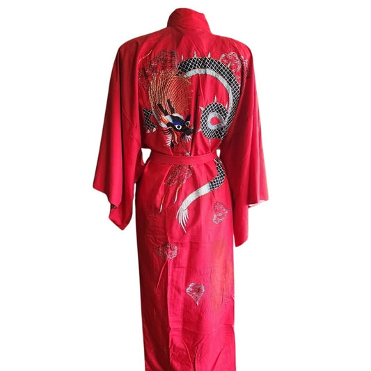 Vintage Japanese Dragon Robe Embroidered Red Silk