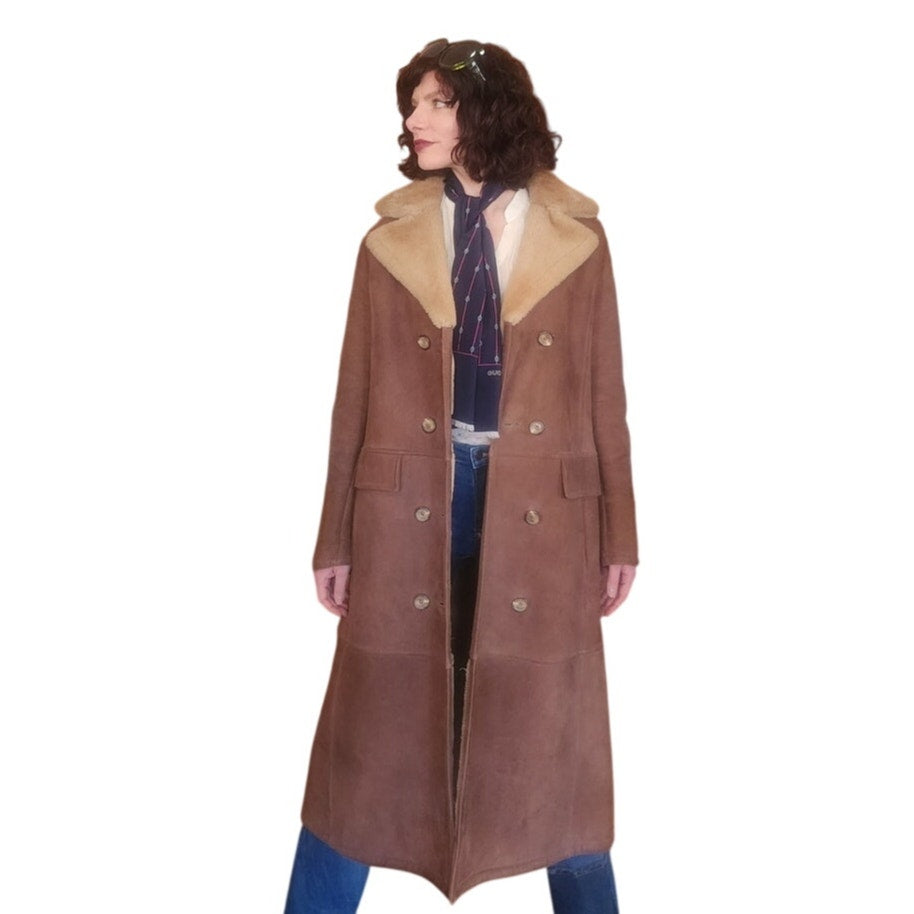 Vintage 70s Shearling Coat Brown Suede Long Parka Double Breasted
