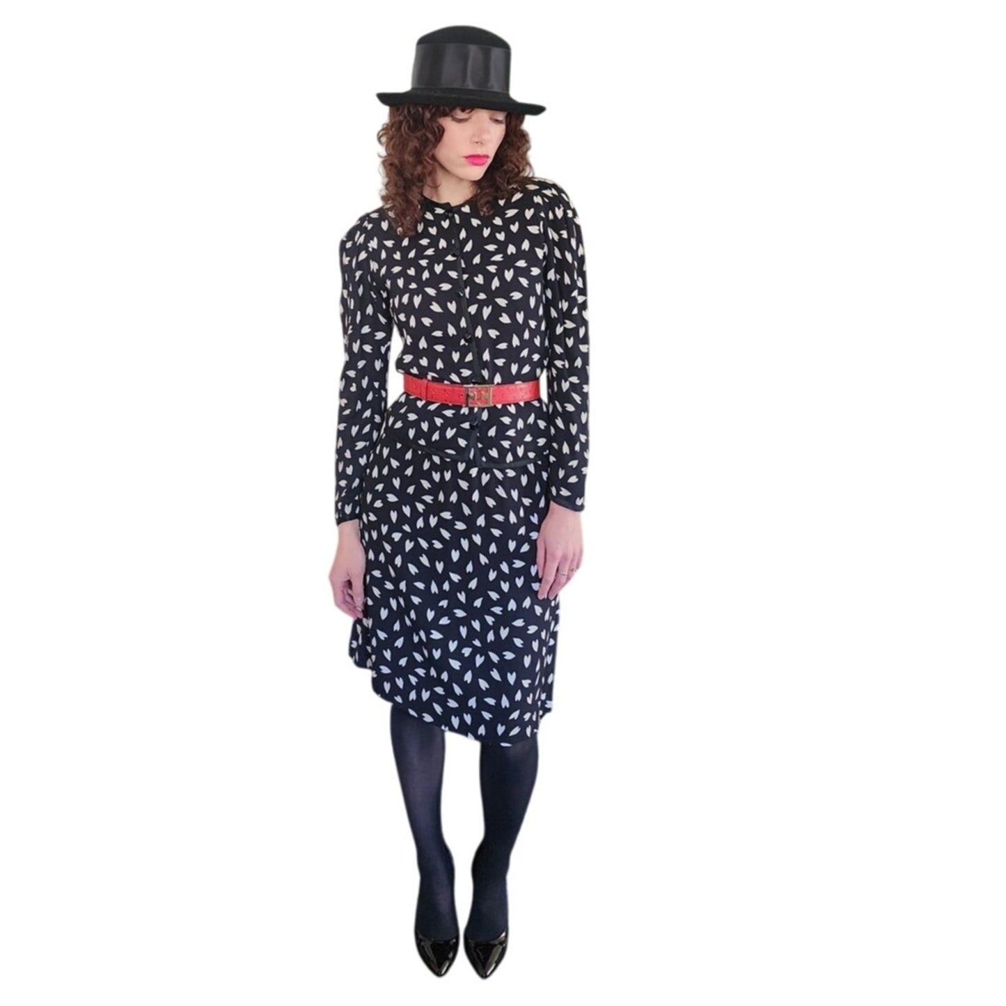 Vintage 1970s Yves Saint Laurent Skirt Suit Heart Print Silk Black White / S