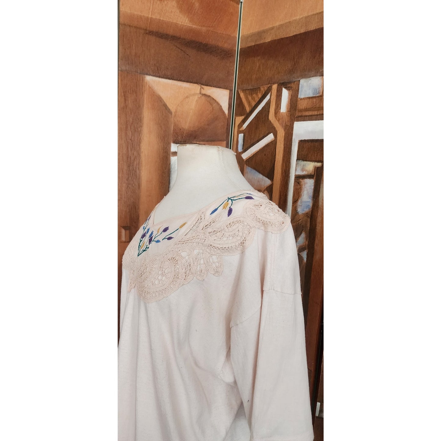 Vintage 70s Peasant Blouse Embroidered Cream Cotton Lace Short Sleeves