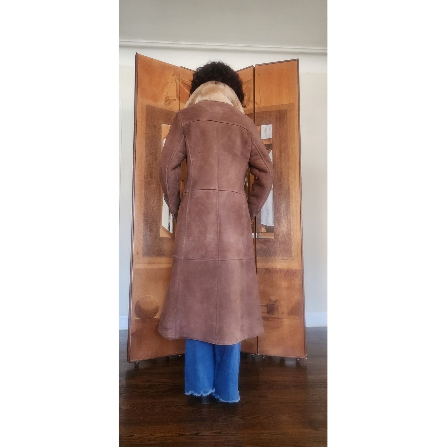Vintage 1970s Shearling Coat Brown Suede Long Parka Double Breasted