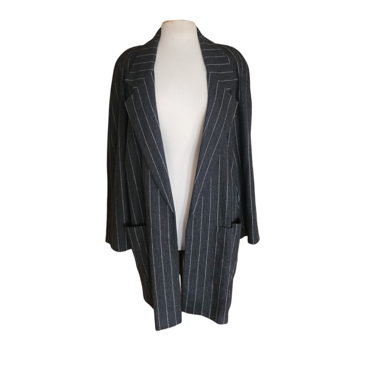 Vintage 80s Oversized Blazer Gray Pinstriped Long Jacket / L