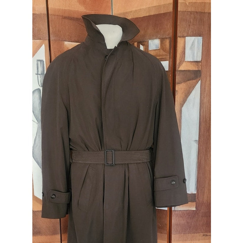 Vintage 1990s Ralph Lauren Mens Coat Brown Olive Green Trench Raincoat Large 40R