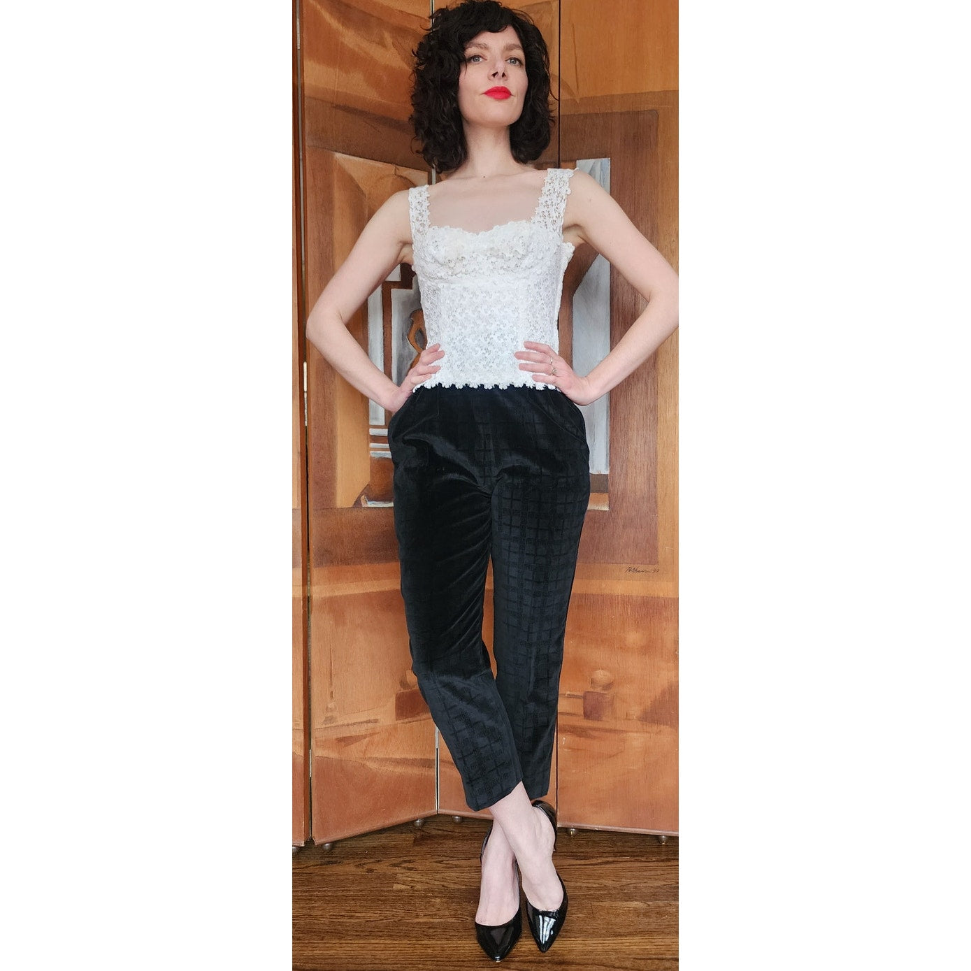 Vintage 60s Black Velvet Pants Ankle Length w/Pockets XS