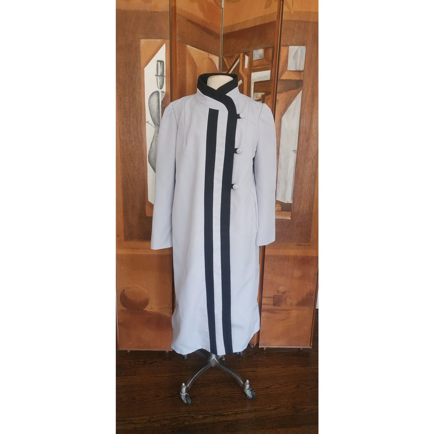 Vintage 1980s Alorna Spring Coat Gray w/Black Art Deco Style Trim / XL