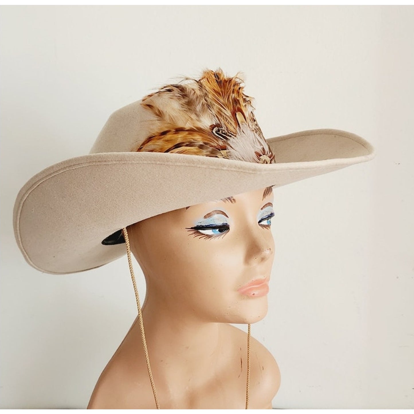 Vintage Beige Cowboy Hat w/Feather by Rockmount Wind River 1850 Size 7 1/4 Mens Unisex