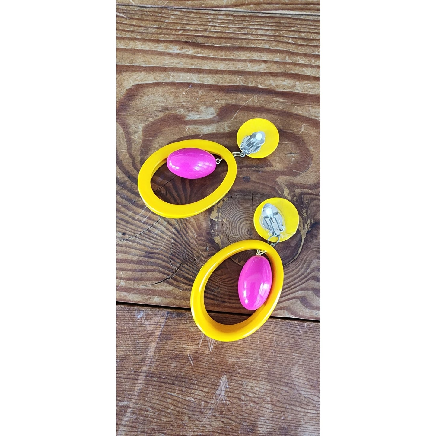 Vintage 60s Earrings Clips Yellow Pink Dangly Hoops Oversized